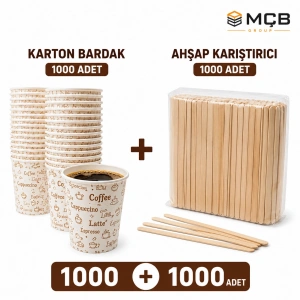 1000 Adet Karton Bardak + 1000 Adet Ahşap Karıştırıcı Seti | Tek Kullanımlık Çay Kahve Bardağı ve Karıştırıcı