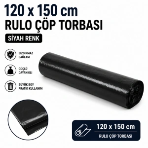 120x150 cm Siyah Rulo Çöp Torbası Konteyner Tipi Ağır Hizmet Çöp Poşeti 1 Rulo