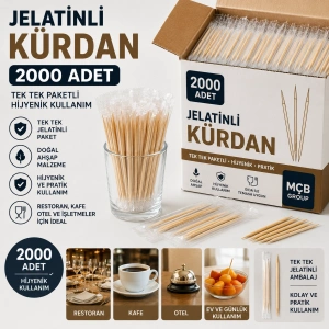 2000 Adet Jelatinli Kürdan Tek Tek Paketli Hijyenik Ahşap Kürdan Restoran Kafe Otel İşletme