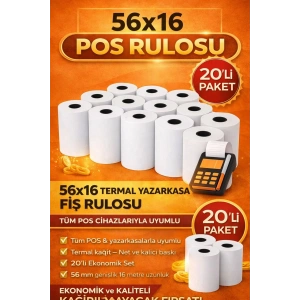 56x16 Termal Pos Kağıdı Rulosu 20li - Tüm Pos Cihazlara Uyumlu