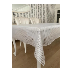 Şeffaf Kaplamalı Örgü Hasır Desenli Pvc Muşamba Masa Örtüsü Beyaz