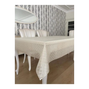 Şeffaf Kaplamalı Çapraz Örgü Hasır Desenli Pvc Muşamba Masa Örtüsü Krem