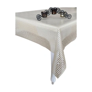 Şeffaf Kaplamalı Örgü Hasır Desenli Pvc Muşamba Masa Örtüsü Krem