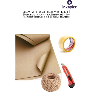 Çeyiz Kağıt Set 10 Adet 70x100 80 gr Saman Kraft Kağıt 2 Adet Jüt İp 1 Adet Falçata 1 Adet Koli Bant