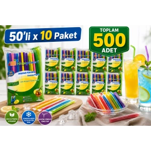 Jelatinli Körüklü Frozen Renkli Pipet 500 Adet Tek Tek Paketli Karışık Renk