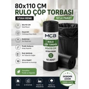 Jumbo Boy Rulo Çöp Torbası 80x110 cm Siyah 10lu Paket Dayanıklı Çöp Poşeti