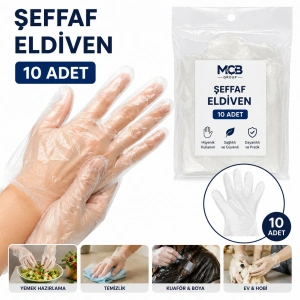 Şeffaf Eldiven 10 Adet Tek Kullanımlık Hijyenik Muayene Gıda Temizlik Eldiveni