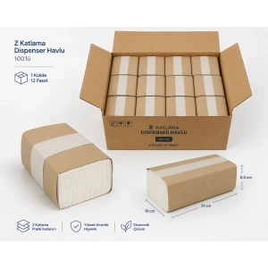 Z Katlama Dispenser Havlu 100lü – 1 Kolide 12 Paket – Z Katlı Kağıt Havlu