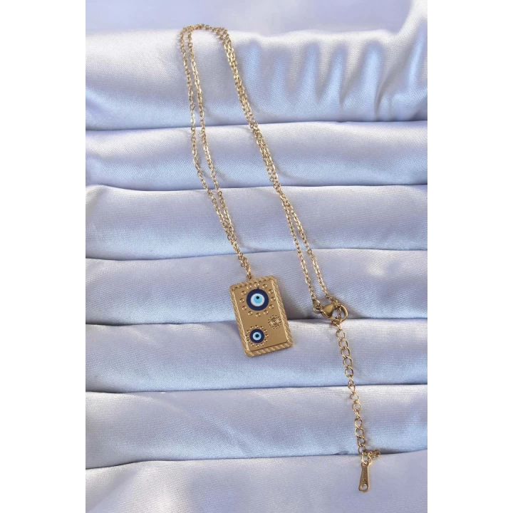 316L Altın Renk İşlemeli Nazarlı Vintage Kolye - TJ-BKO9268