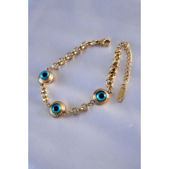 316L Çelik 3 Göz Nazar Model Gold Renk Kadın Bileklik - TJ-BB5485