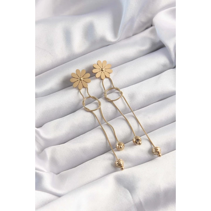 316L Çelik Altın Renk Sallantılı Düğüm Model Papatya Küpe - TJ-BKP9497