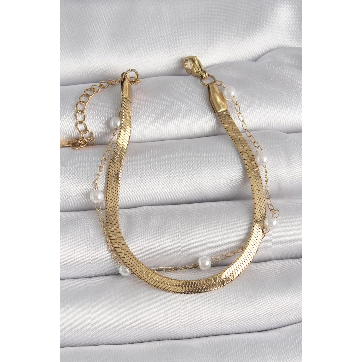 316L Çelik Gold Renk 2Li İtalyan Zincir Model İnci Detay Kadın Bileklik - TJ-BB6663