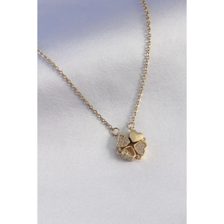 316L Çelik Gold Renk Açılır Yonca Model Zirkon Taşlı Kadın Kolye - TJ-BKO7292