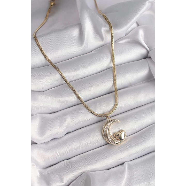 316L Çelik Gold Renk Çelik İtalyan Zincir Zirkon Taşlı Halil Figür Kalp Detay Kadın Kolye - TJ-BKO9591