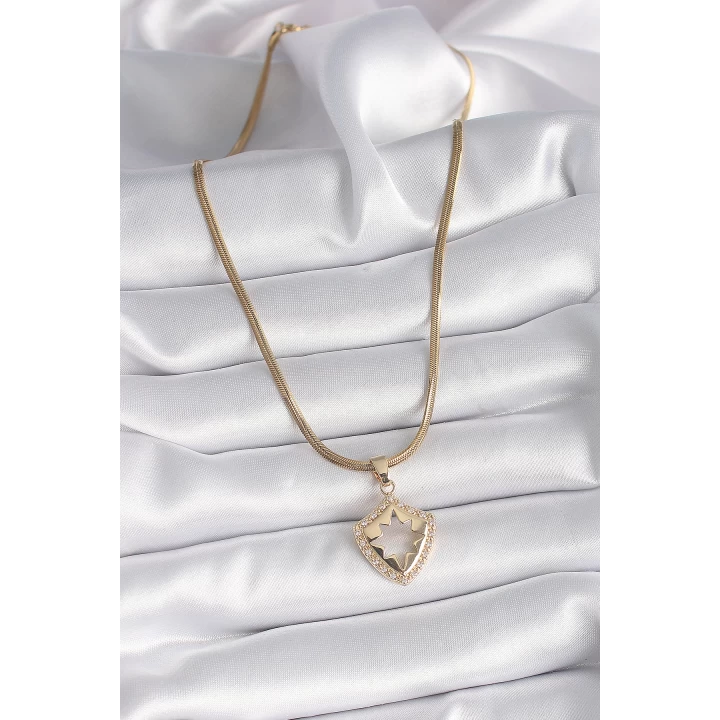 316L Çelik Gold Renk İtalyan Zincir Zirkon Taşlı Kutup Yıldız İşleme Kadın Kolye - TJ-BKO9536