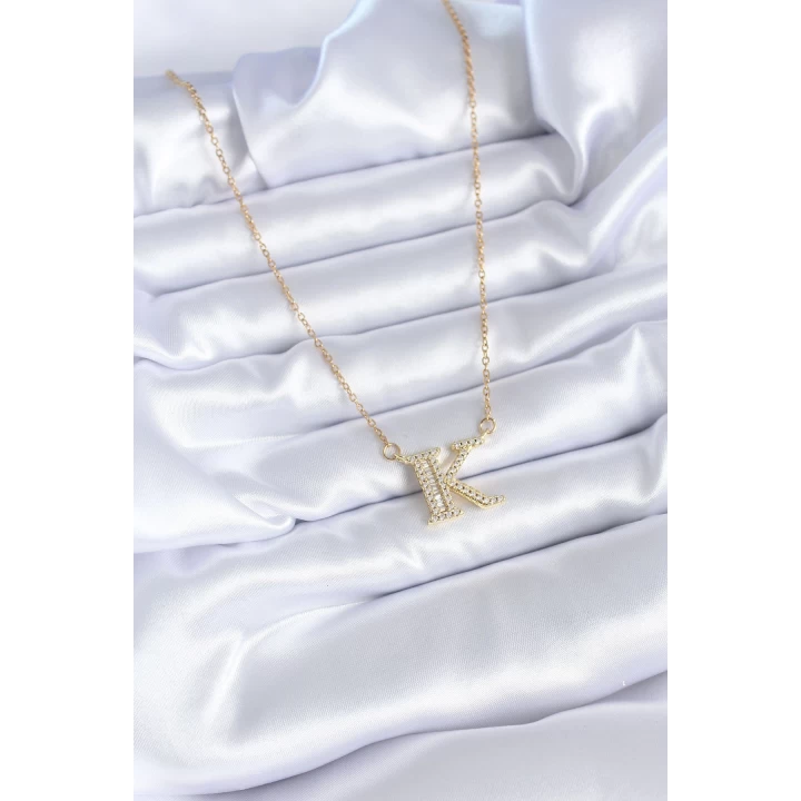 316L Çelik Gold Renk K Harf Model Zirkon Taşlı Kadın Kolye - TJ-BKO7712