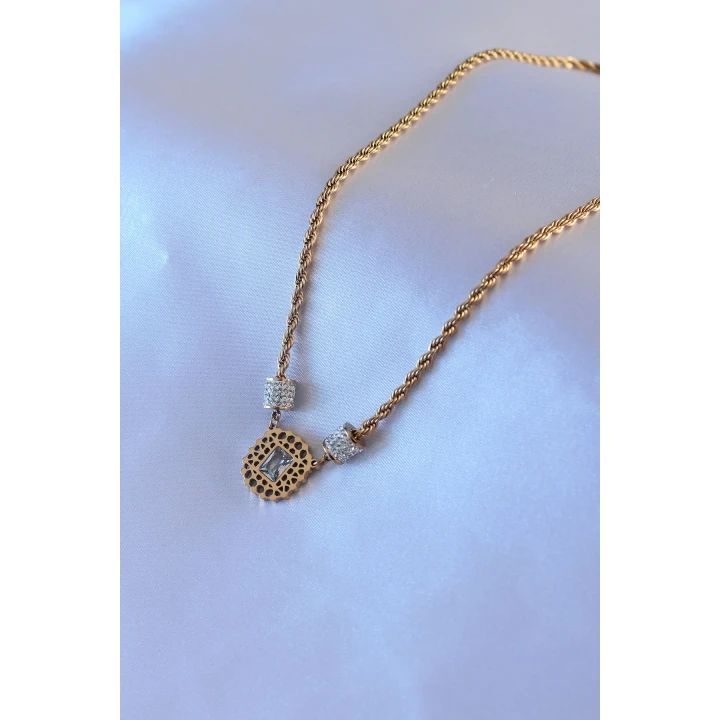 316L Çelik Gold Renk Lotus Model Zirkon Taşlı Burgu Zincir Kadın Kolye - TJ-BKO7551