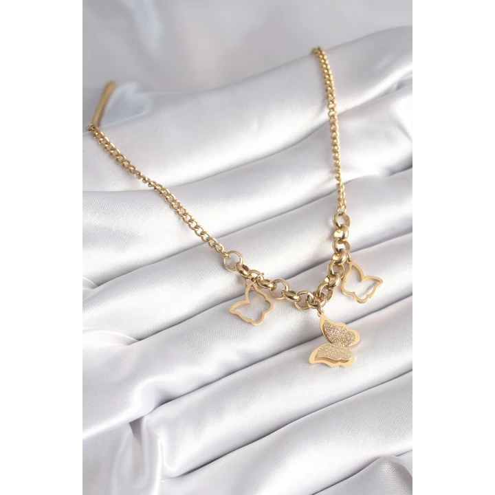 316L Çelik Gold Renk Simli Kelebek Model Kadın Kolye - TJ-BKO8360