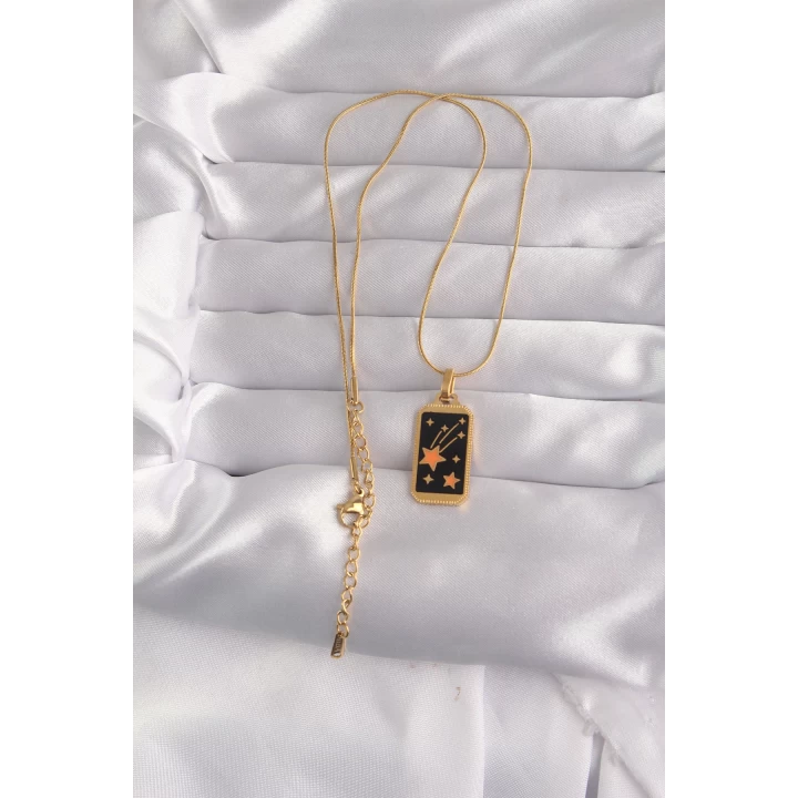 316L Çelik Gold Renk Siyah Mineli Yıldız Figür Tarot Kolye - TJ-BKO9028