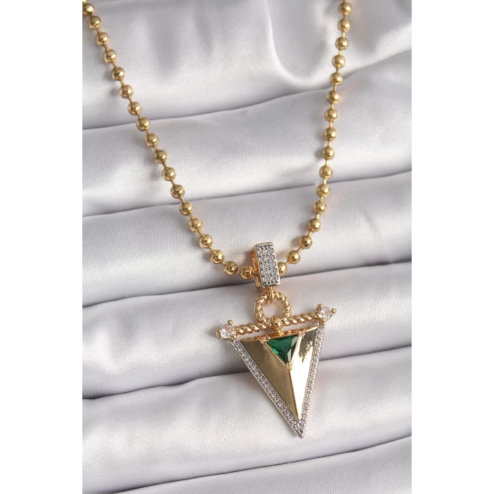 316L Çelik Gold Renk Topçuk Zincir Zirkon Taşlı 3D Üçgen Model Kadın Kolye - TJ-BKO9482