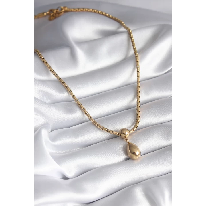 316L Çelik Gold Renk Yılan Sırtı Zincir Model Damla Sallantı Kadın Kolye - TJ-BKO8288