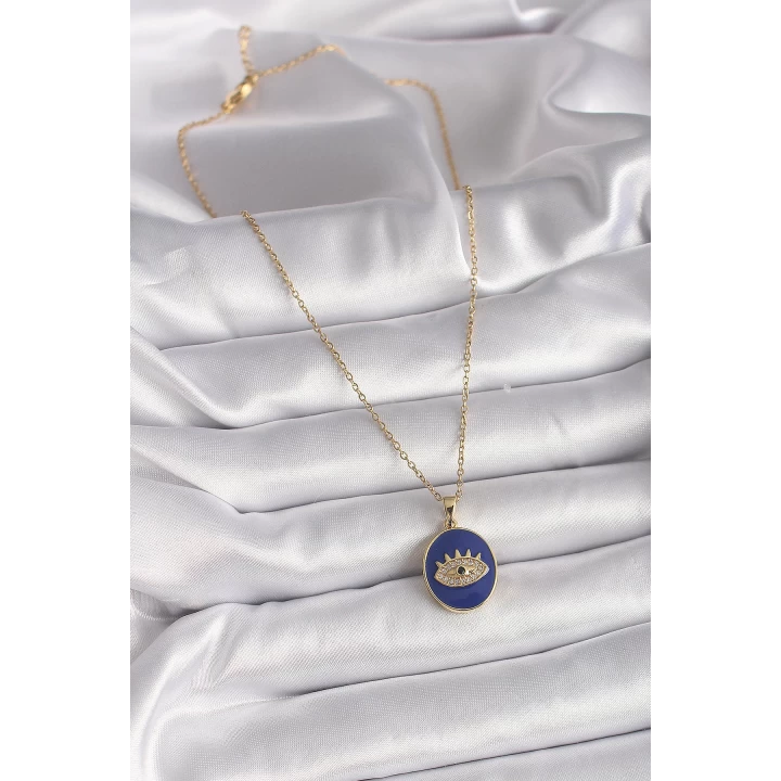 316L Çelik Gold Renk Zincir Mavi Mineli Zirkon Taşlı Göz İşleme Kadın Kolye - TJ-BKO9505