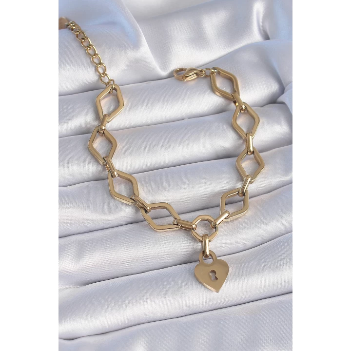 316L Çelik Gold Renk Zincir Model Kilit Kalp Figür Kadın Bileklik - TJ-BB6434