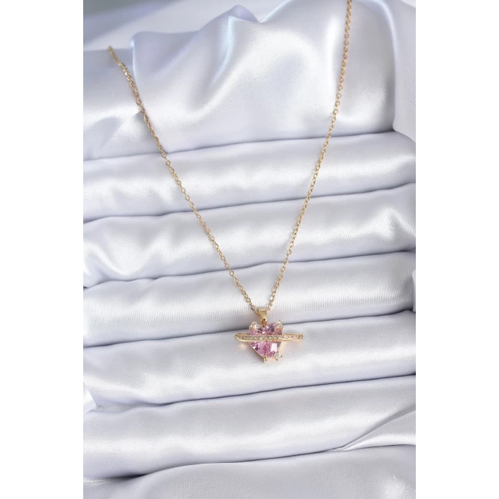316L Çelik Gold Renk Zincir Pembe Kristal Kalp Model Zirkon Taş Detay Kadın Kolye - TJ-BKO7747