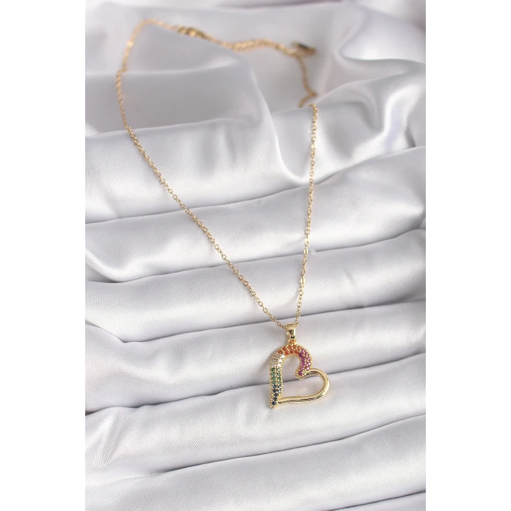316L Çelik Gold Renk Zincir Renkli Zirkon Taşlı Kalp Model Kadın Kolye - TJ-BKO9503