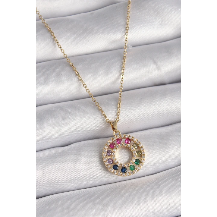 316L Çelik Gold Renk Zincir Renkli Zirkon Taşlı Madalyon Model Kadın Kolye - TJ-BKO9490