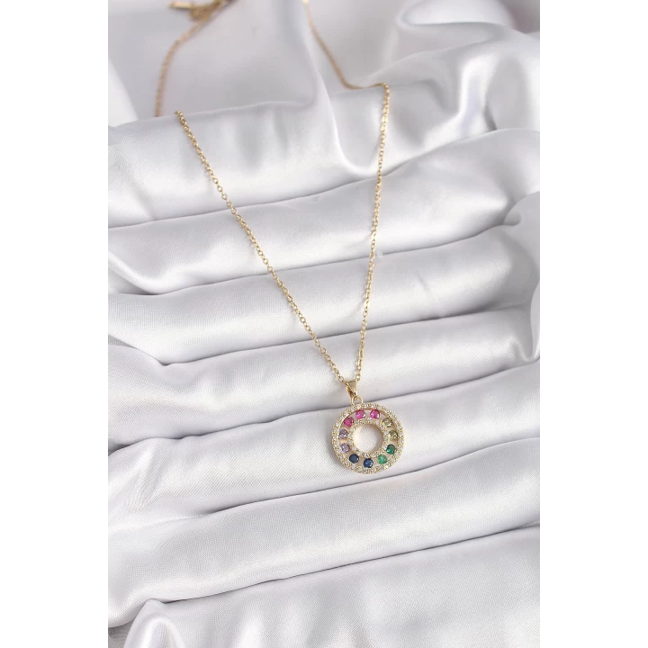 316L Çelik Gold Renk Zincir Renkli Zirkon Taşlı Madalyon Model Kadın Kolye - TJ-BKO9490