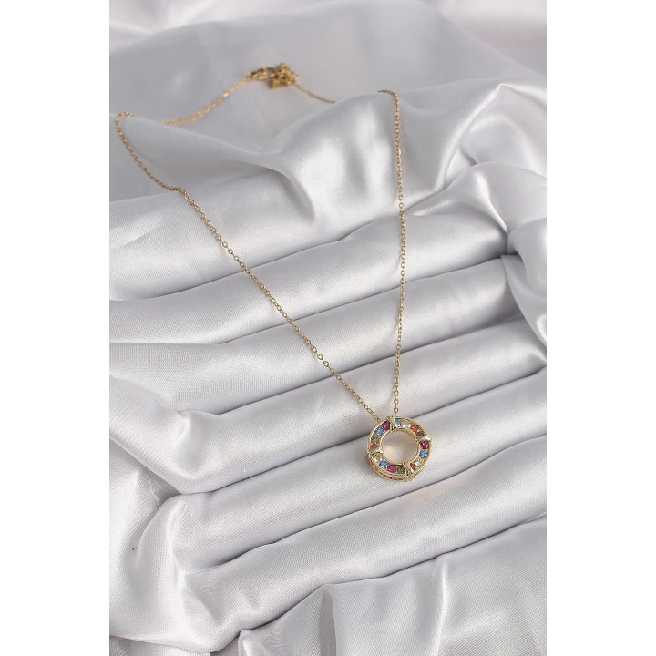316L Çelik Gold Renk Zincir Renkli Zirkon Taşlı Xoxo Model Kadın Kolye - TJ-BKO9628