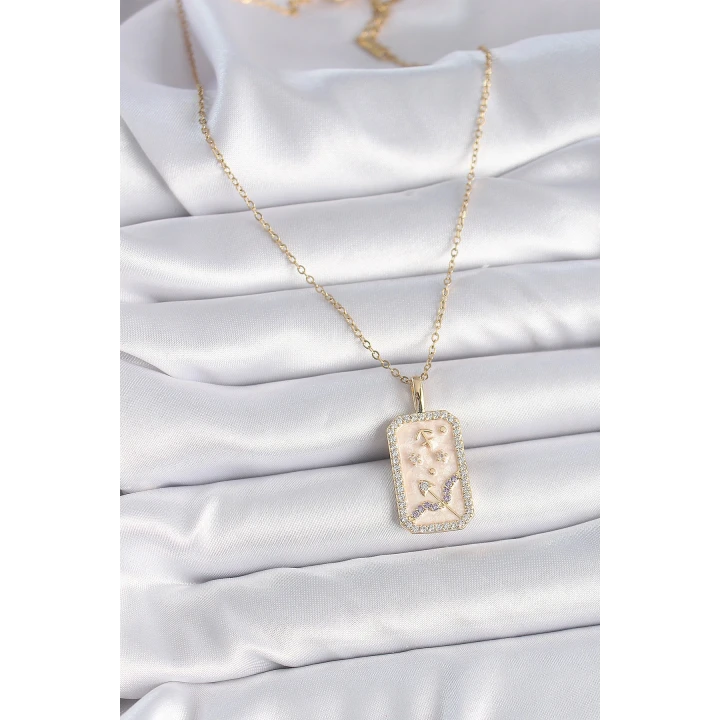 316L Çelik Gold Renk Zincir Yay Burcu Zirkon Taşlı Kadın Kolye - TJ-BKO9464