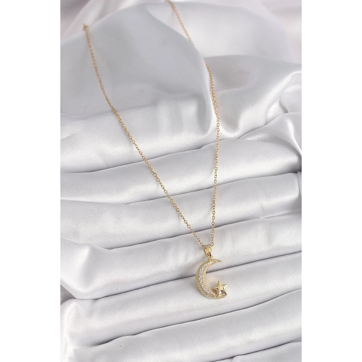 316L Çelik Gold Renk Zincir Zirkon Taşlı Hilal Model Yıldız Detay Kadın Kolye - TJ-BKO9654