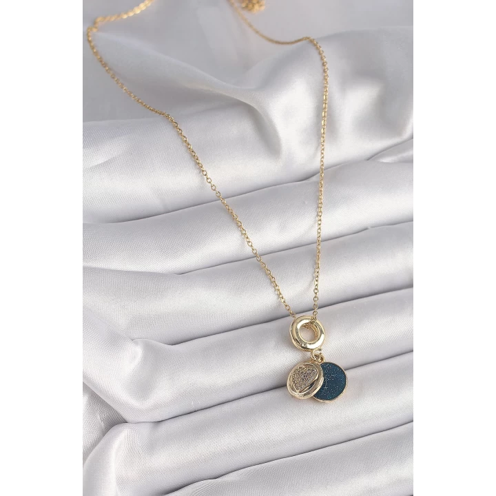316L Çelik Gold Renk Zincir Zirkon Taşlı Kalp Model Mavi Simli Kadın Kolye - TJ-BKO9640