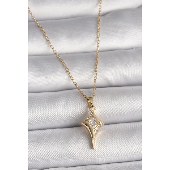 316L Çelik Gold Renk Zincir Zirkon Taşlı Kuzey Yıldızı Model Kadın Kolye - TJ-BKO9715