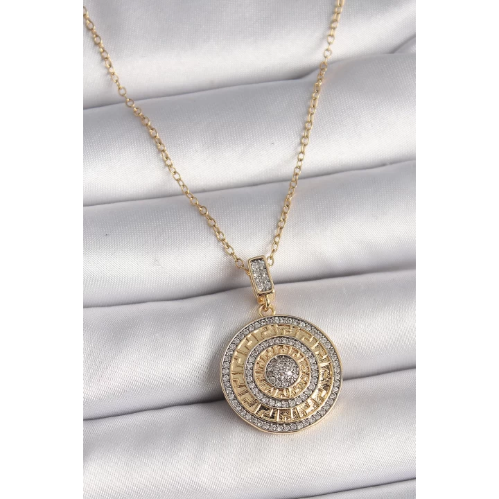 316L Çelik Gold Renk Zincir Zirkon Taşlı Madalyon Model Labirent İşleme Kadın Kolye - TJ-BKO9763