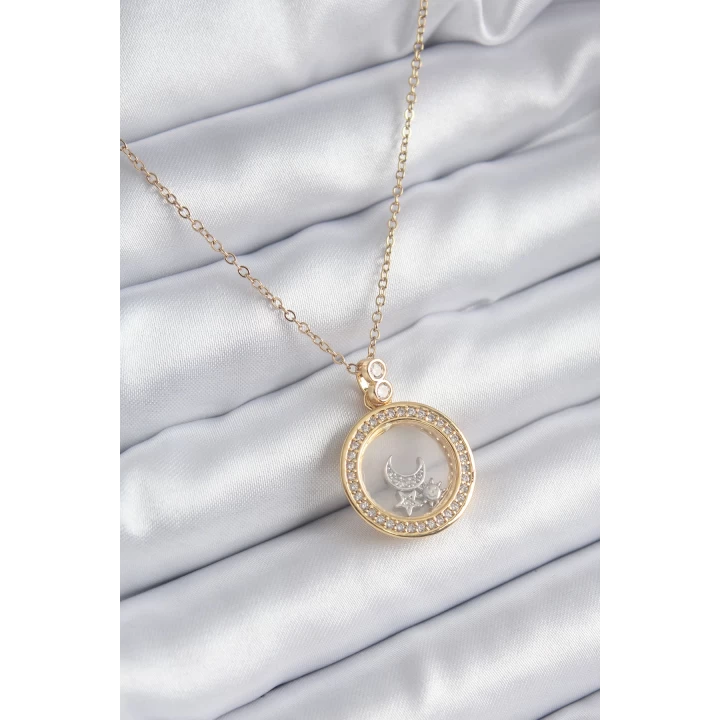 316L Çelik Gold Renk Zirkon Taş Detay Ay Yıldız Fanus Model Kadın Kolye - TJ-BKO8194