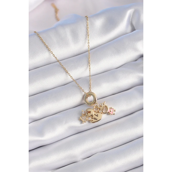 316L Çelik Gold Renk Zirkon Taş Detay Çocuk Figür Charm Model Kadın Kolye - TJ-BKO9324