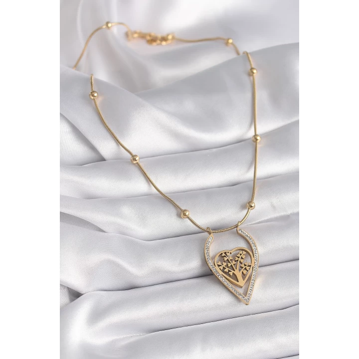 316L Çelik Gold Renk Zirkon Taşlı Detaylı Kalp Fidan Model Kadın Kolye - TJ-BKO9405