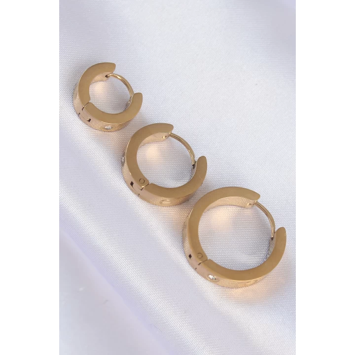 316L Çelik Gold Renk Zirkon Taşlı Model 3lü Halka Küpe - TJ-BKP9009