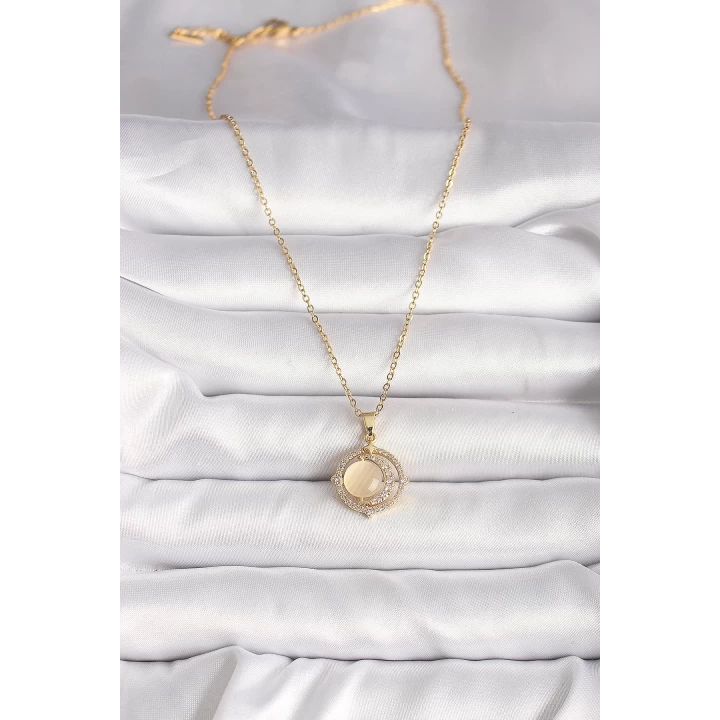 316L Çelik Gold Renk Zirkon Taşlı Sarı Sedefli Hilal Model Kadın Kolye - TJ-BKO9705