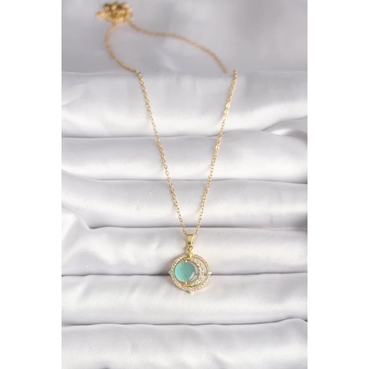 316L Çelik Gold Renk Zirkon Taşlı Yeşil Sedefli Hilal Model Kadın Kolye - TJ-BKO9706