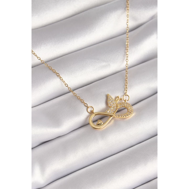 316L Çelik Gold Renk Zirkon Zincir Taşı Sonsuzluk Kelebek Model Kadın Kolye - TJ-BKO8386