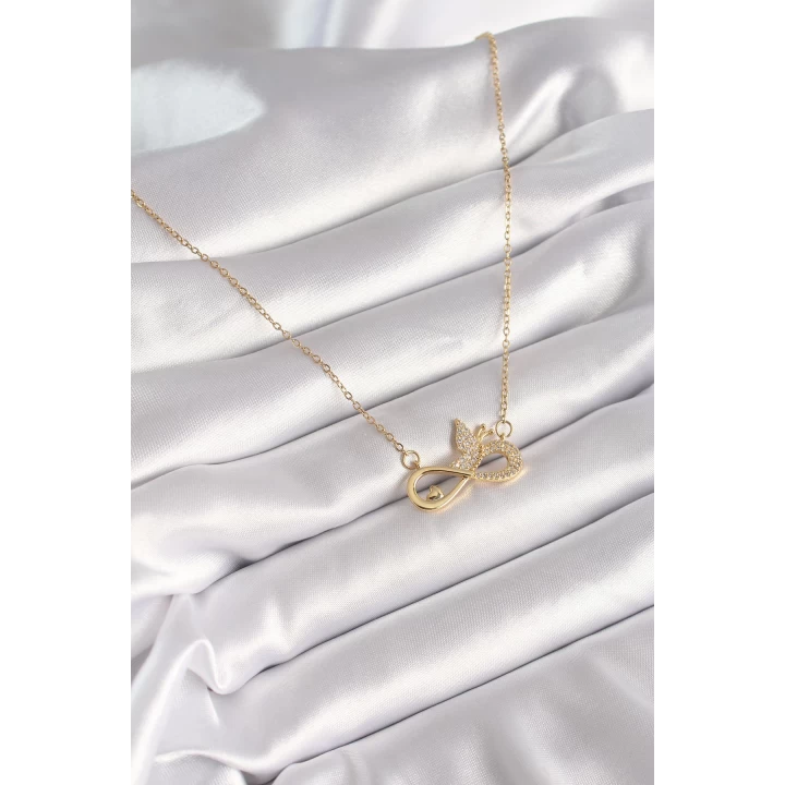 316L Çelik Gold Renk Zirkon Zincir Taşı Sonsuzluk Kelebek Model Kadın Kolye - TJ-BKO8386