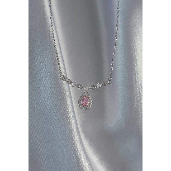316L Çelik Gümüş Renk Pembe Zirkon Taşlı Damla Kolye - TJ-BKO8919