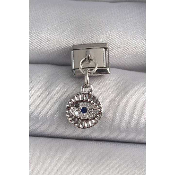 316L Çelik Gümüş Renk Sallantı Zirkon Taşlı Göz Model Nomination Charm - TJ-BC1157