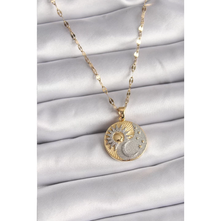 316L Çelik Mix Renk Zincir Zirkon Taşlı Gün Doğumu/Batımı Madalyon Model Kadın Kolye - TJ-BKO9514