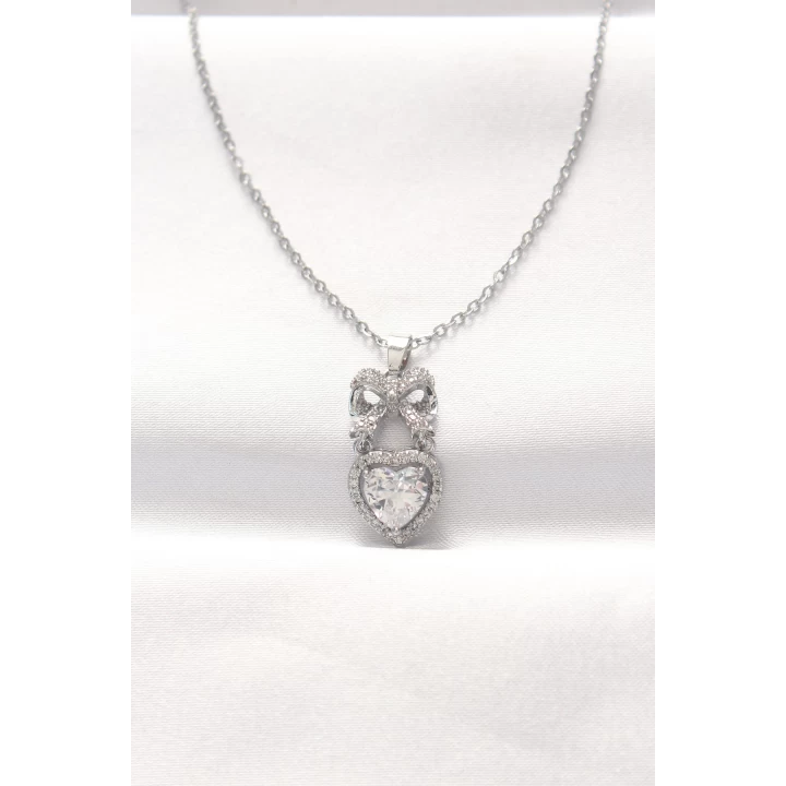 316L Çelik Silver Renk Zirkon Taşlı Kalpli Fiyonk Kolye - TJ-BKO8519