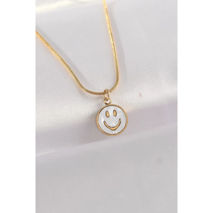 316L Çelik Zincir Altın Renk Mermer Desenli Minimal Smile Kolye - TJ-BKO8672